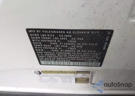 2012 Volkswagen Touareg Vr6 Sport z USA, uszkodzony, nr VIN WVGEF9BP1CD006725